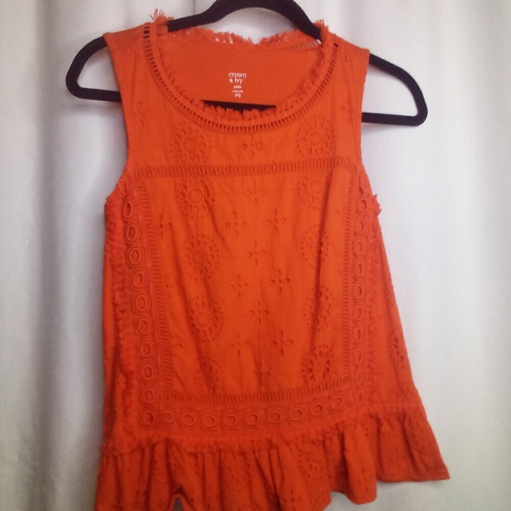 Crown & Ivy Blouse PS Petite S Sleeveless Eyelet Ruffle Orange